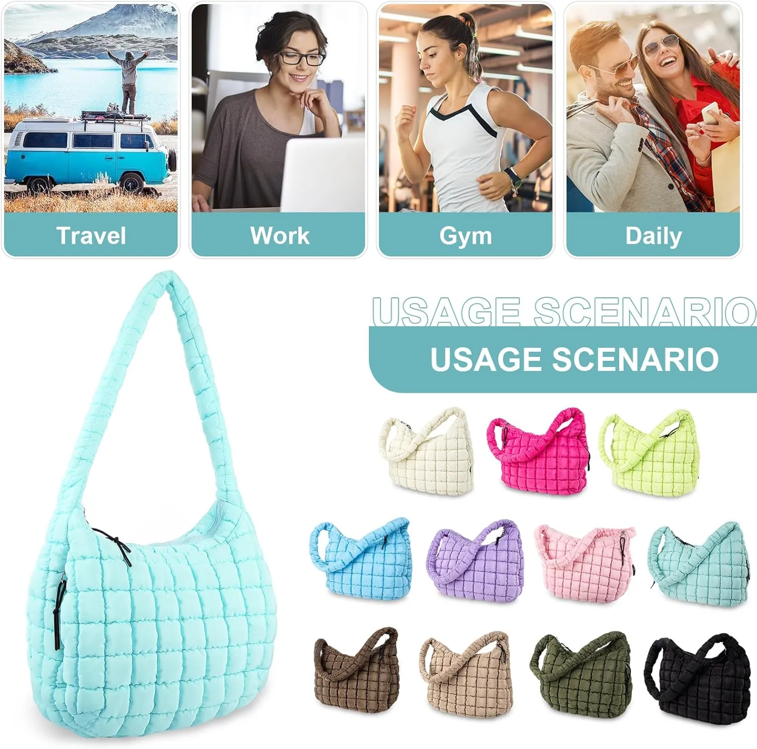 Quilted Puffer Tote Bag Purse Puffy Crossbody Shoulder Bag,Lightweight Nylon Hobo Bag Puffer Carryall Bag for Women Girl