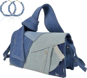 QZUnique Denim Purses set for Women Mini Jeans Handbag & Circle Earrings for Teen Girls Top Handle Crossbody Shoulder Bag (Dark Blue)