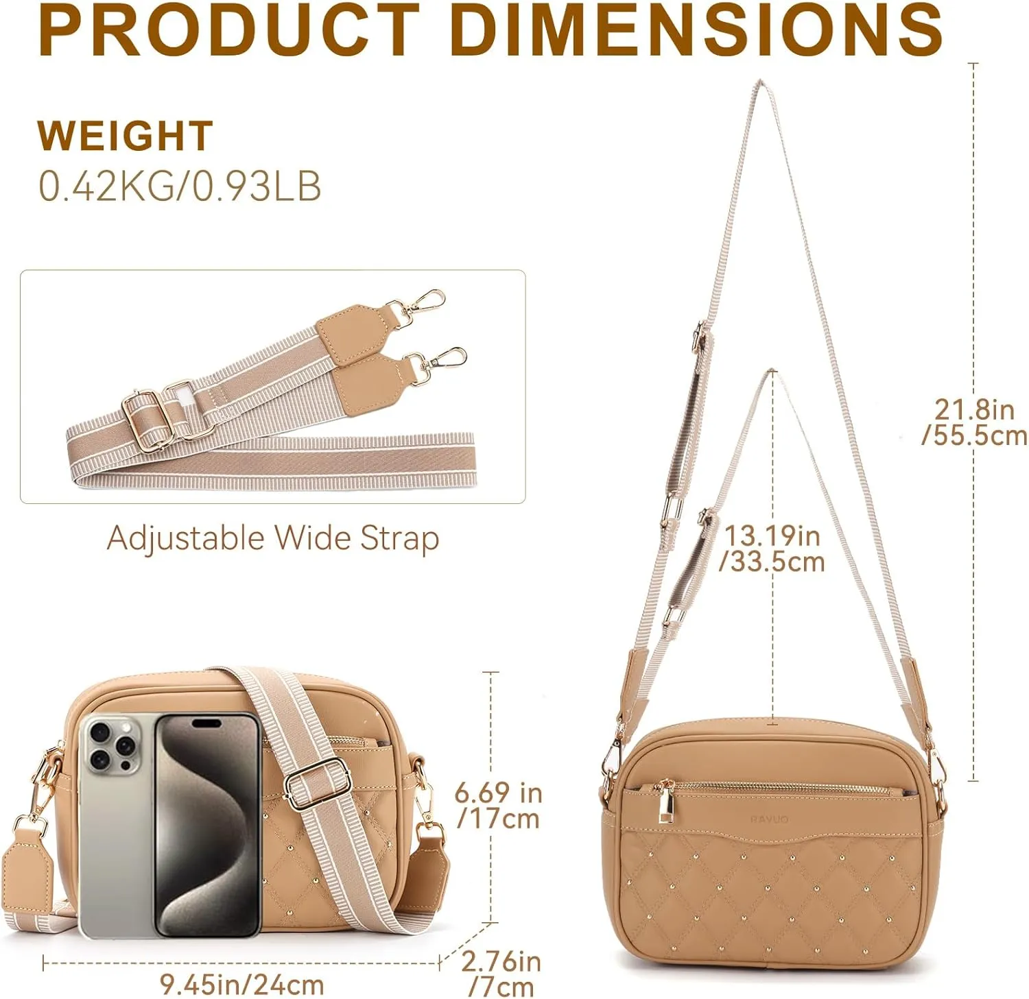 RAVUO Crossbody Bags for Women, Trendy PU Leather Quilted Shoulder Handbags Purse with Adjustable Wide Strap