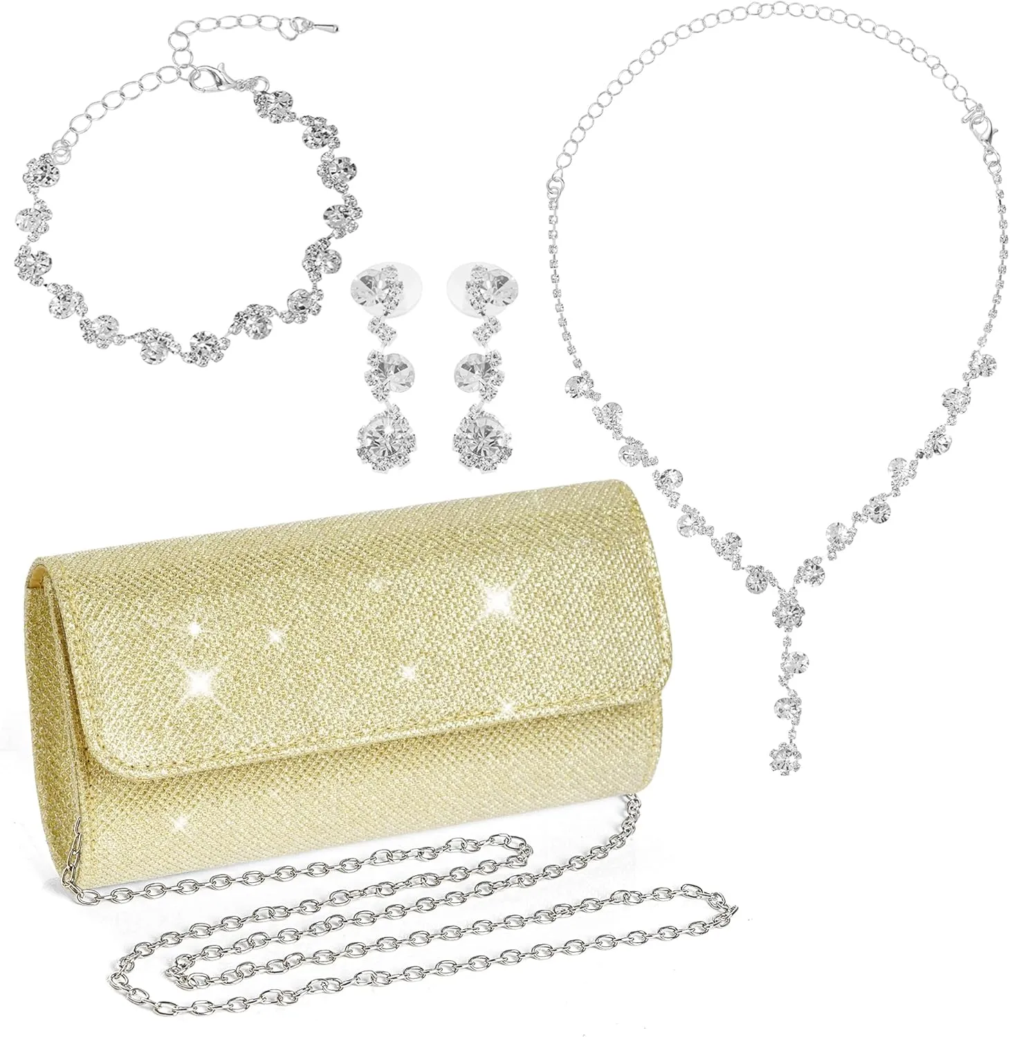 Rbenxia 4 Pieces Women Evening Rhinestone Jewelry Set Bling Glitter Clutch Purse Necklace Earrings Bracelets for Women Bride Wedding Evening Party