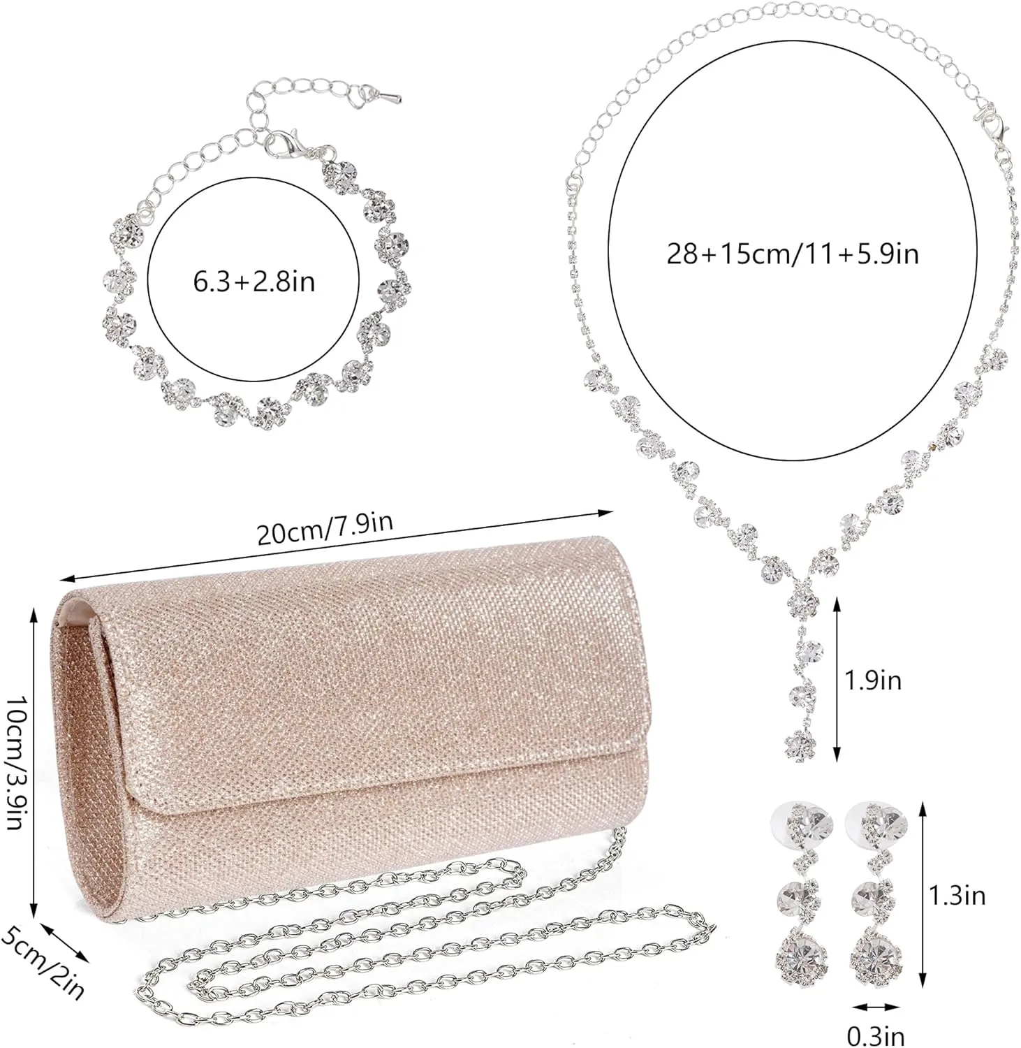 Rbenxia 4 Pieces Women Evening Rhinestone Jewelry Set Bling Glitter Clutch Purse Necklace Earrings Bracelets for Women Bride Wedding Evening Party