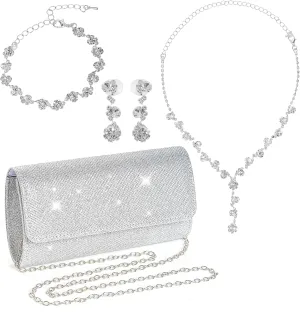 Rbenxia 4 Pieces Women Evening Rhinestone Jewelry Set Bling Glitter Clutch Purse Necklace Earrings Bracelets for Women Bride Wedding Evening Party