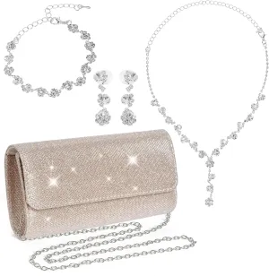 Rbenxia 4 Pieces Women Evening Rhinestone Jewelry Set Bling Glitter Clutch Purse Necklace Earrings Bracelets for Women Bride Wedding Evening Party