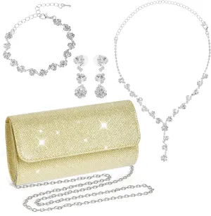 Rbenxia 4 Pieces Women Evening Rhinestone Jewelry Set Bling Glitter Clutch Purse Necklace Earrings Bracelets for Women Bride Wedding Evening Party