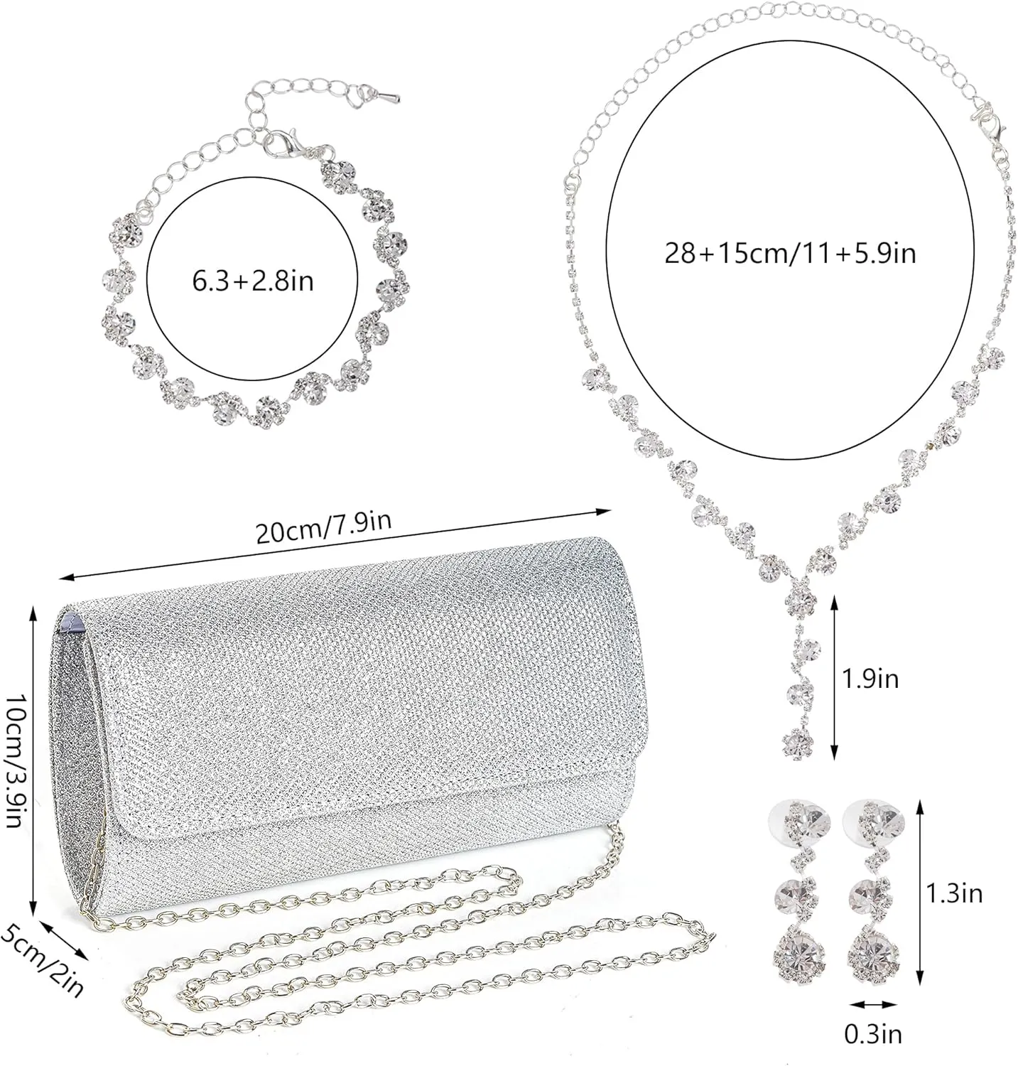 Rbenxia 4 Pieces Women Evening Rhinestone Jewelry Set Bling Glitter Clutch Purse Necklace Earrings Bracelets for Women Bride Wedding Evening Party