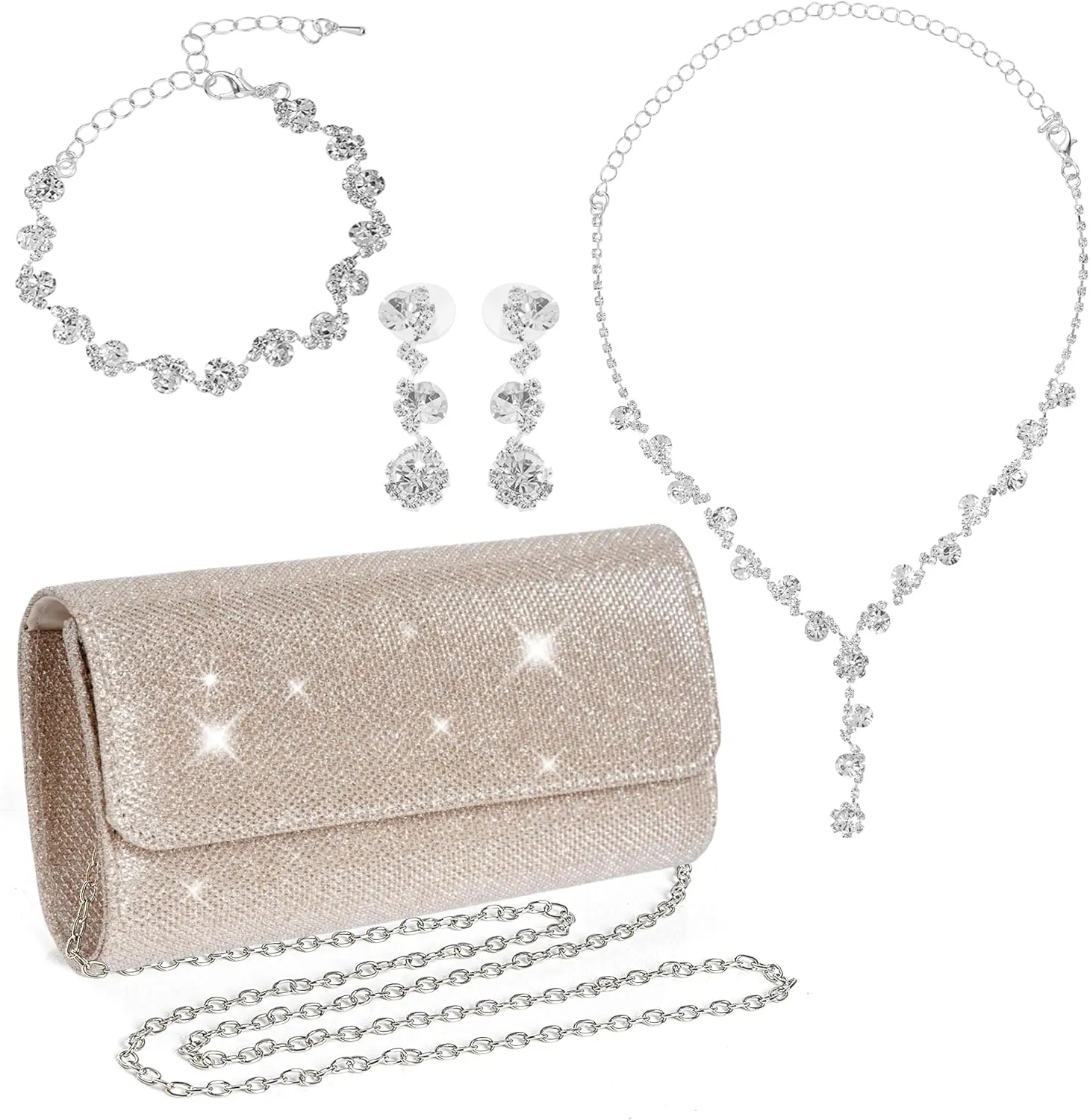 Rbenxia 4 Pieces Women Evening Rhinestone Jewelry Set Bling Glitter Clutch Purse Necklace Earrings Bracelets for Women Bride Wedding Evening Party