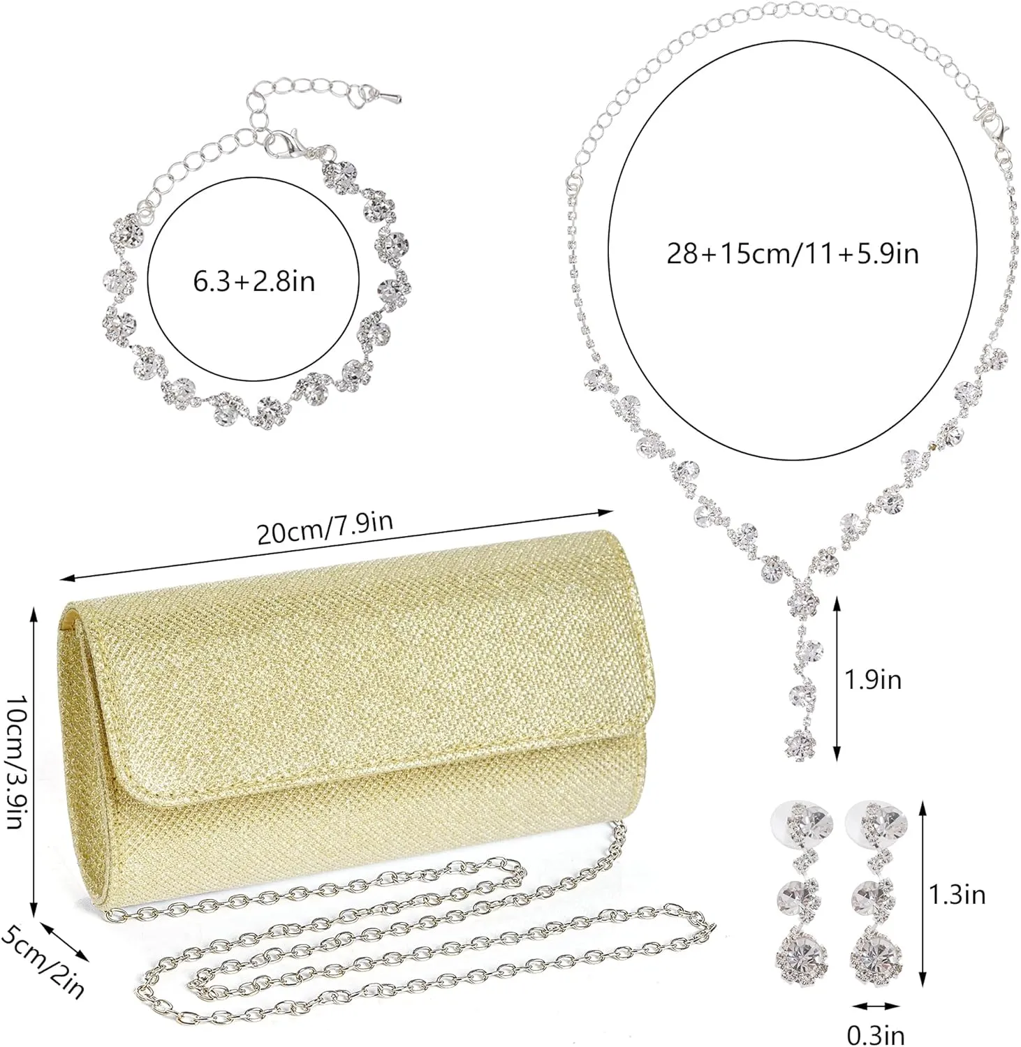 Rbenxia 4 Pieces Women Evening Rhinestone Jewelry Set Bling Glitter Clutch Purse Necklace Earrings Bracelets for Women Bride Wedding Evening Party