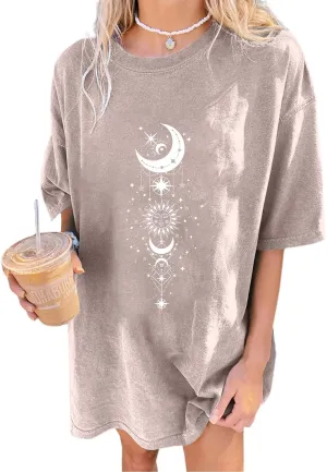 Remidoo Women's Casual Oversized T Shirt Short Sleeve Graphic Tee Letter Sun Moon Shirts