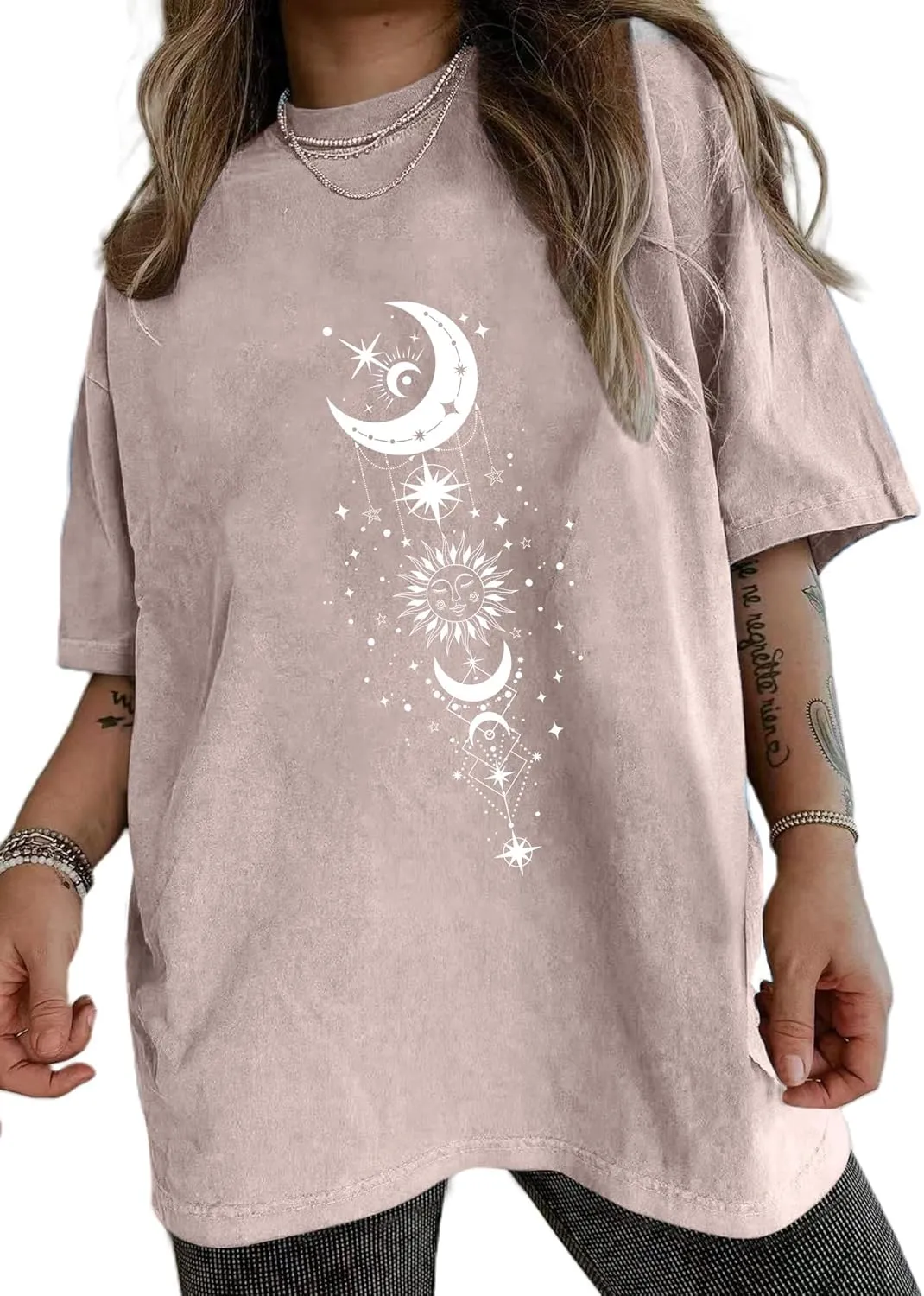 Remidoo Women's Casual Oversized T Shirt Short Sleeve Graphic Tee Letter Sun Moon Shirts
