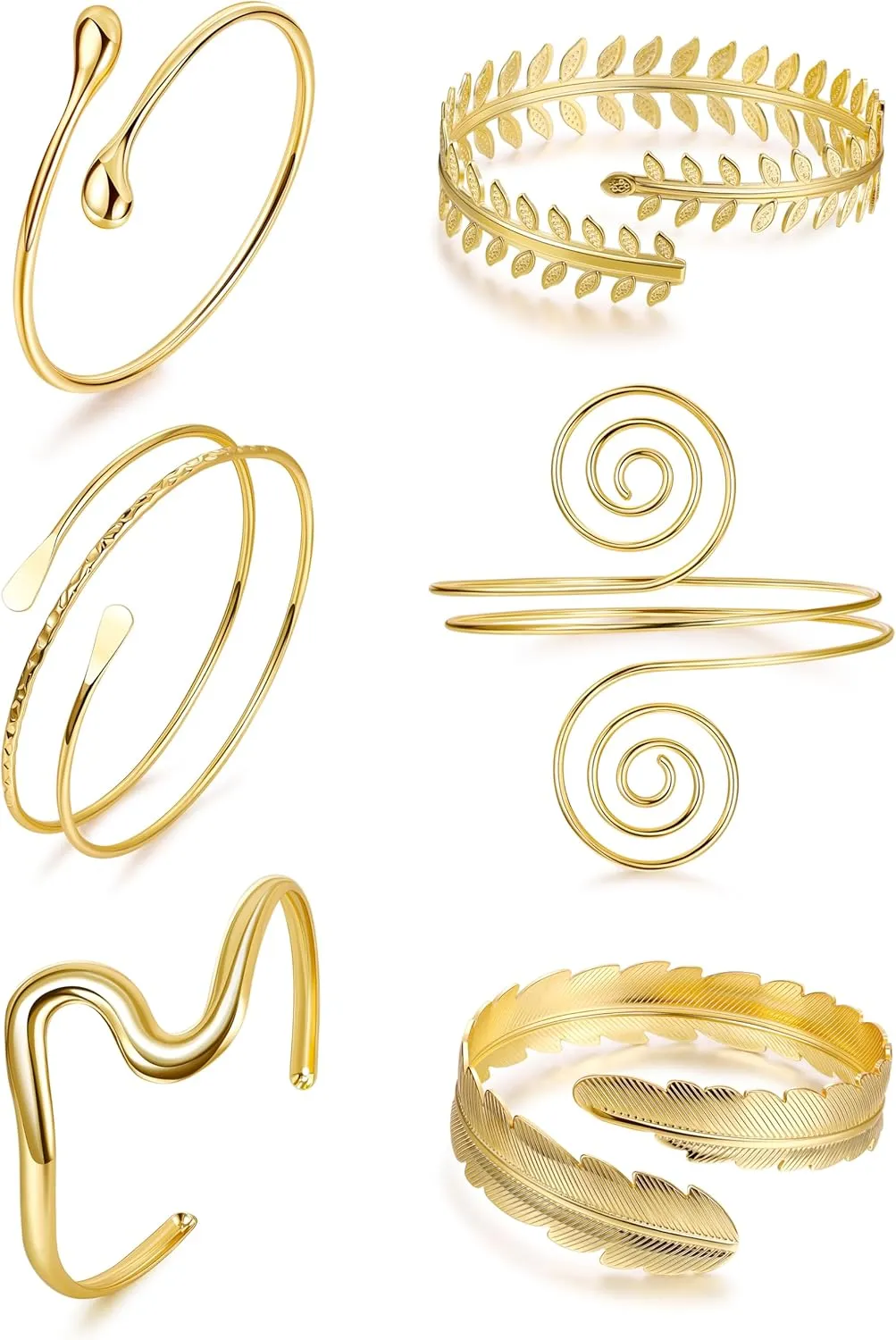 REVOLIA 6Pcs Gold Arm Cuff Open Upper Arm Band Cuff Bangle for Women Adjustable Arm Cuff Bracelet Minimalist Coil Leaf Armband Set