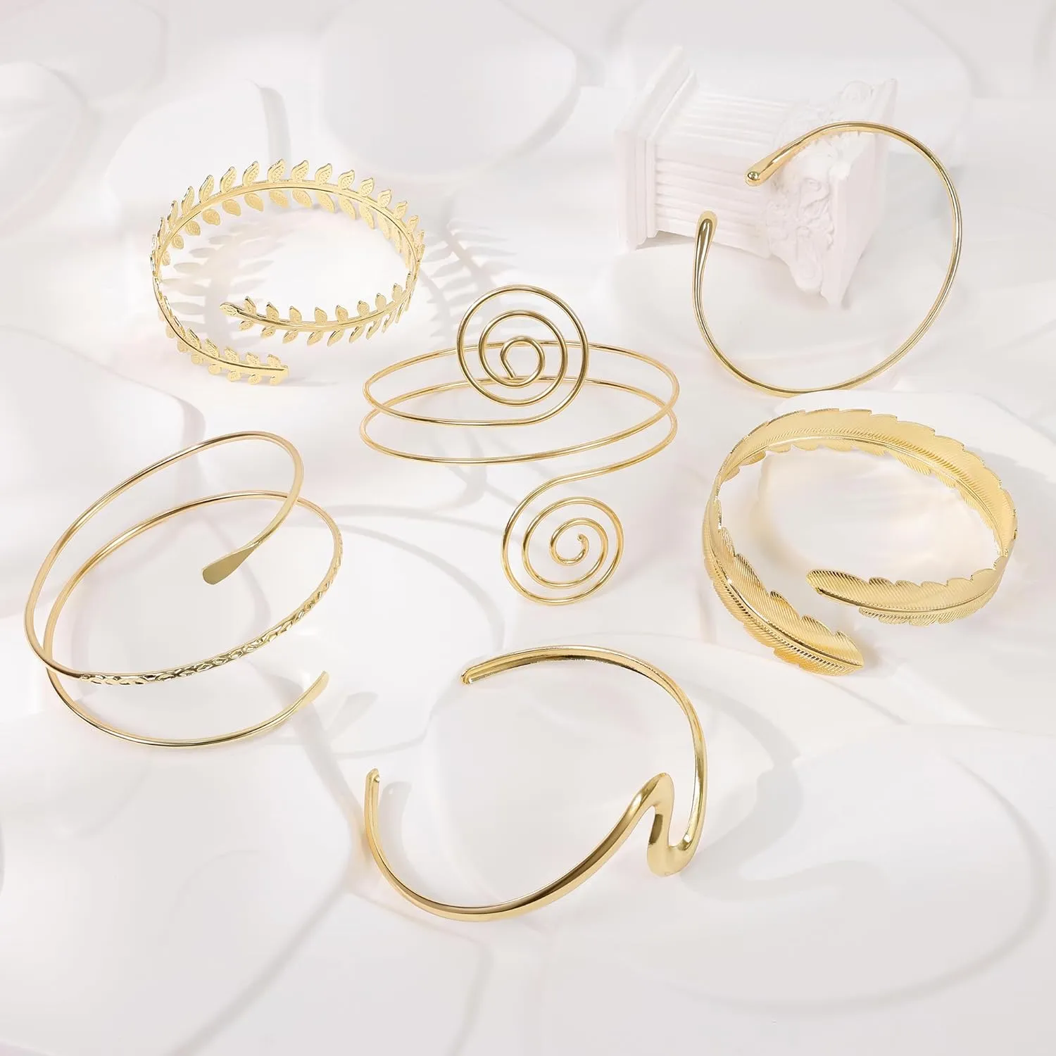 REVOLIA 6Pcs Gold Arm Cuff Open Upper Arm Band Cuff Bangle for Women Adjustable Arm Cuff Bracelet Minimalist Coil Leaf Armband Set