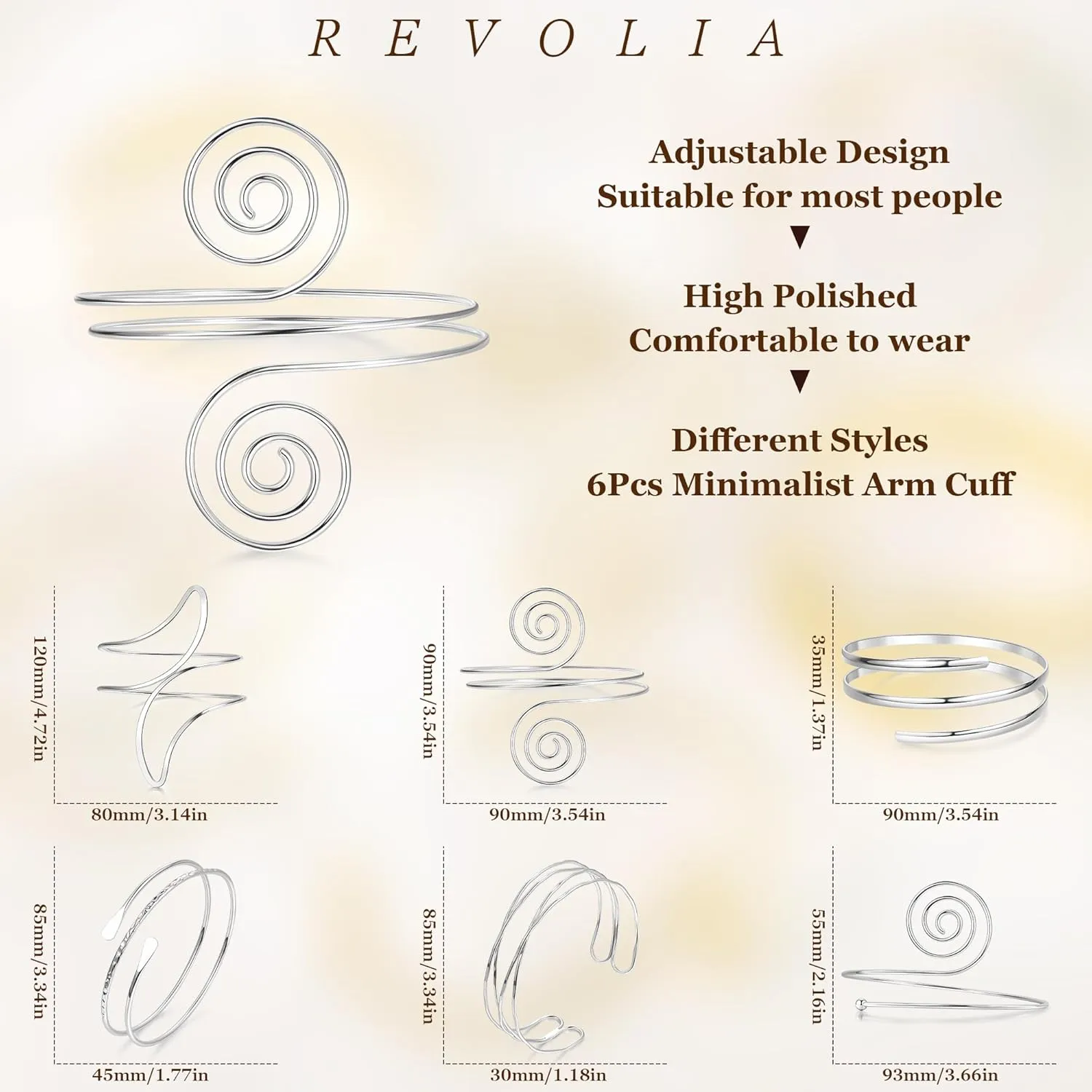 REVOLIA 6Pcs Gold Arm Cuff Open Upper Arm Band Cuff Bangle for Women Adjustable Arm Cuff Bracelet Minimalist Coil Leaf Armband Set