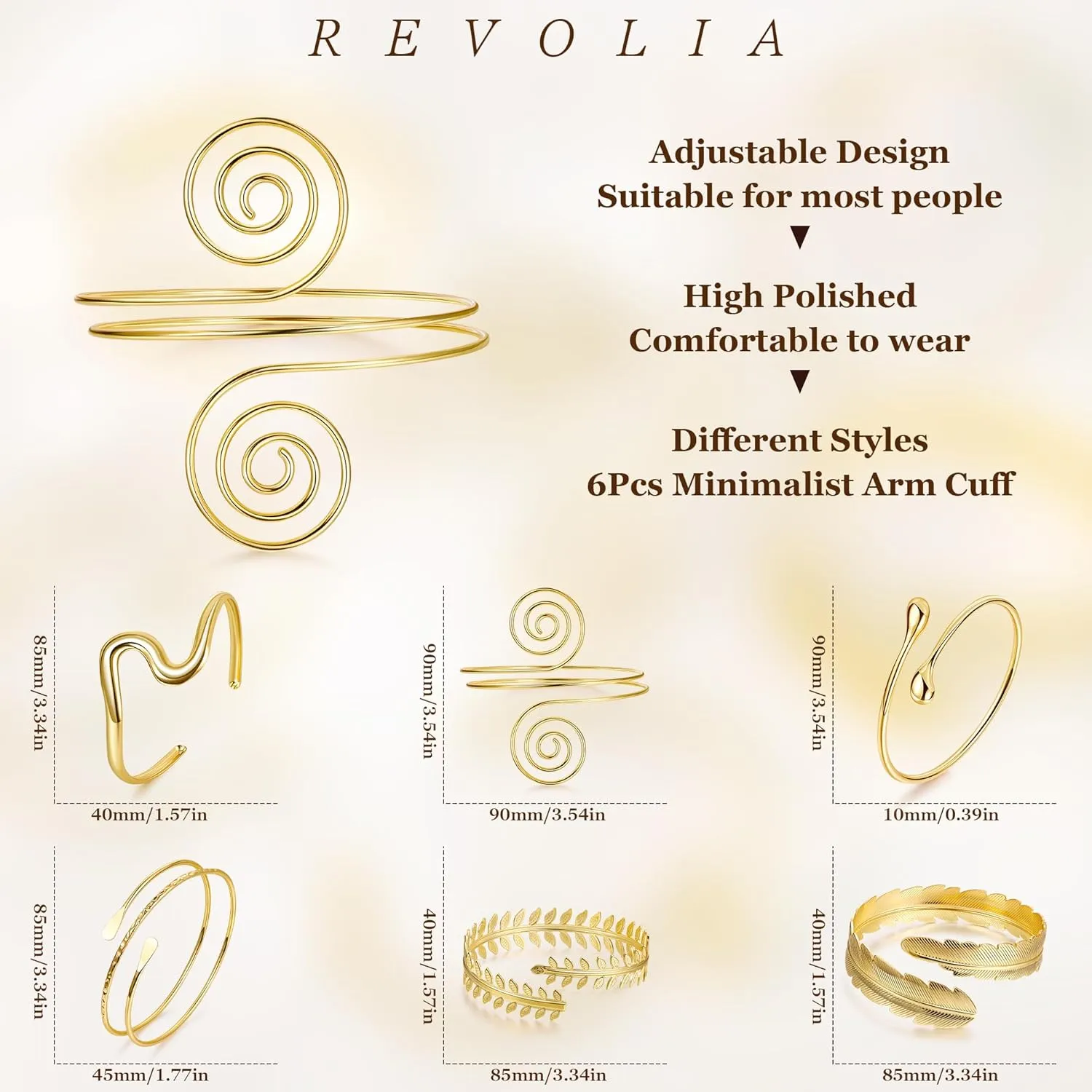 REVOLIA 6Pcs Gold Arm Cuff Open Upper Arm Band Cuff Bangle for Women Adjustable Arm Cuff Bracelet Minimalist Coil Leaf Armband Set