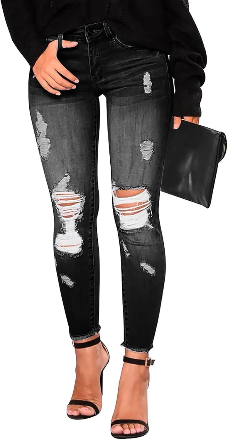 Ripped Jeans Womens Fall Fashion 2024 Trendy Winter Skinny Jeans High Waisted Tummy Control Jeggings Denim Leggings