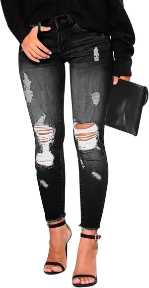 Ripped Jeans Womens Fall Fashion 2024 Trendy Winter Skinny Jeans High Waisted Tummy Control Jeggings Denim Leggings