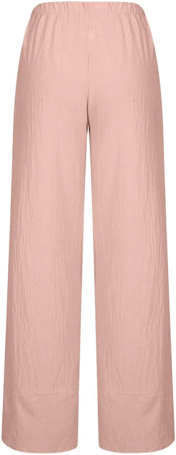 RKSTN Linen Pants Women Summer 2024 Trendy Womens Capri Pants Casual Solid Wide Leg Pants Elastic Waist Cropped Trousers