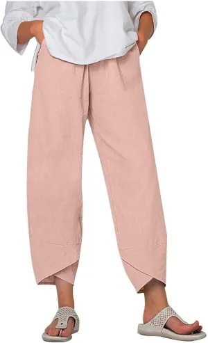 RKSTN Linen Pants Women Summer 2024 Trendy Womens Capri Pants Casual Solid Wide Leg Pants Elastic Waist Cropped Trousers