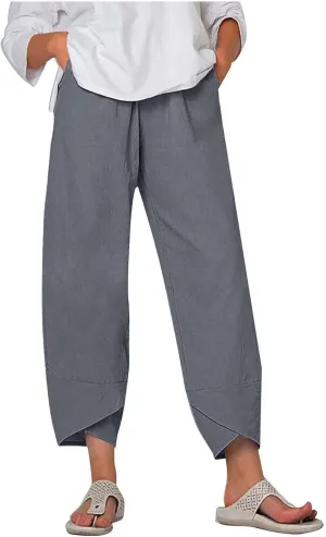 RKSTN Linen Pants Women Summer 2024 Trendy Womens Capri Pants Casual Solid Wide Leg Pants Elastic Waist Cropped Trousers
