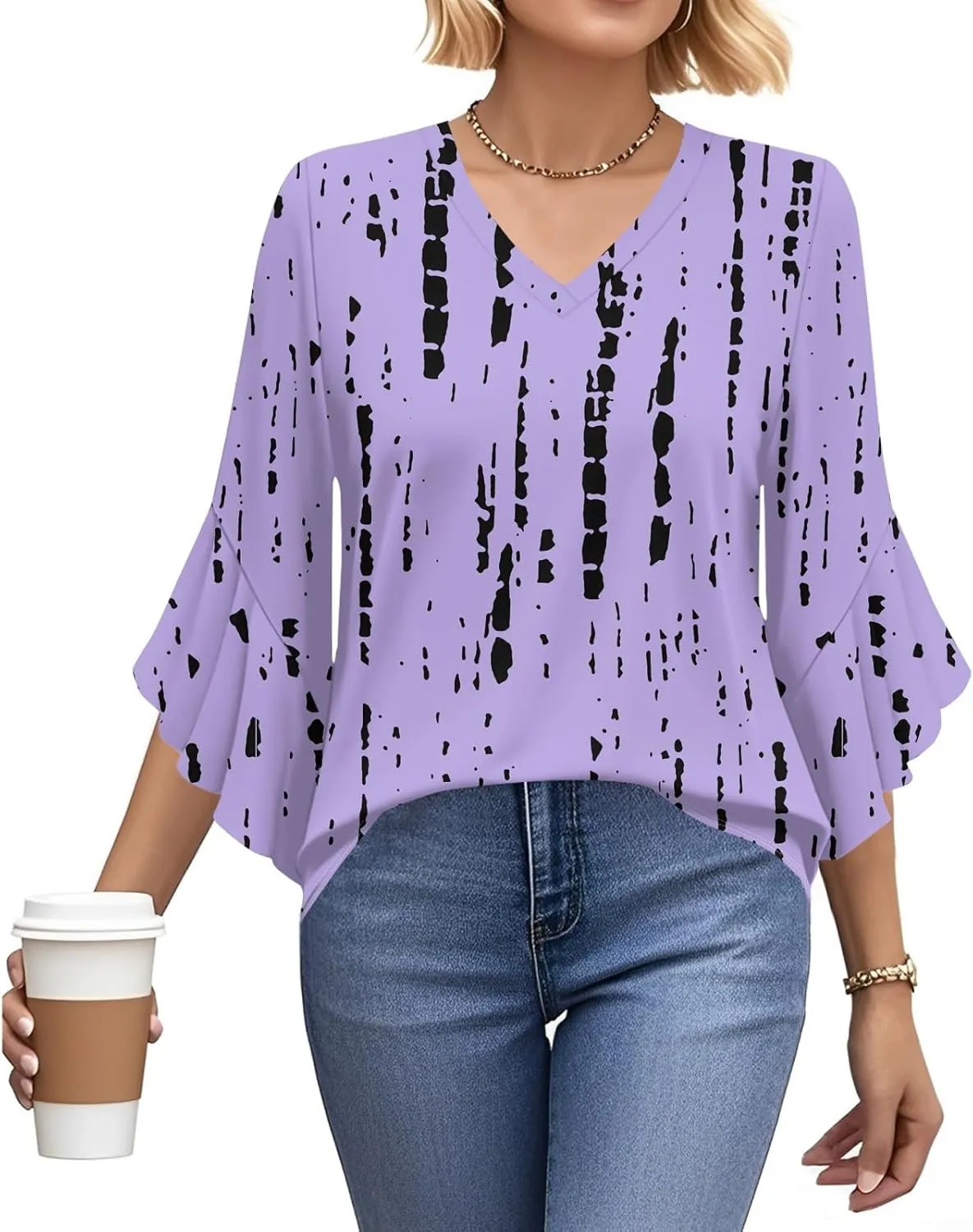 Ruffle 3/4 Length Sleeve Womens Tops Summer Elegant Pleated Chiffon Blouses Dressy Office Work V Neck Henley Tunics Plus Size