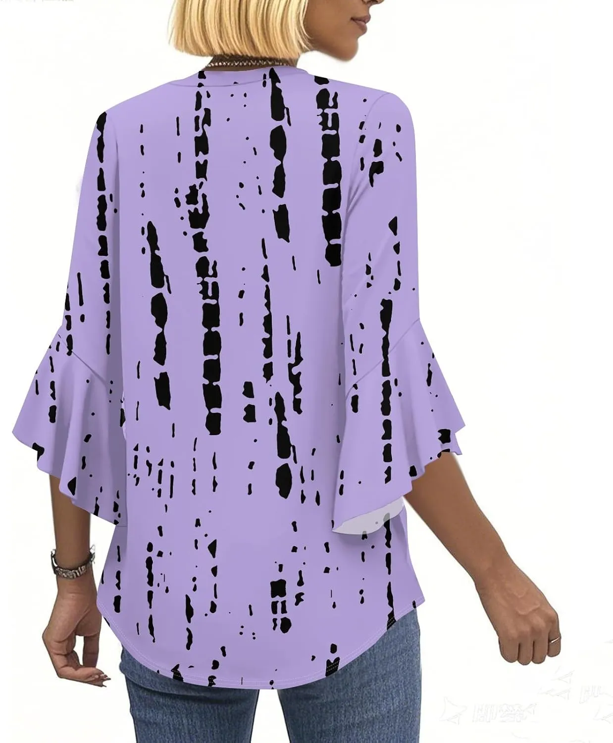 Ruffle 3/4 Length Sleeve Womens Tops Summer Elegant Pleated Chiffon Blouses Dressy Office Work V Neck Henley Tunics Plus Size