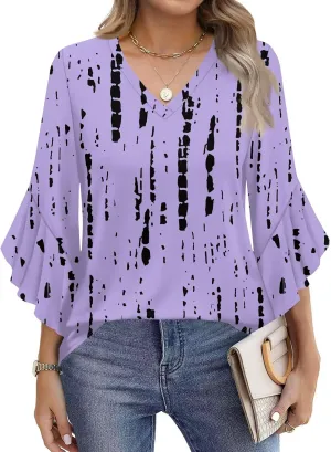 Ruffle 3/4 Length Sleeve Womens Tops Summer Elegant Pleated Chiffon Blouses Dressy Office Work V Neck Henley Tunics Plus Size