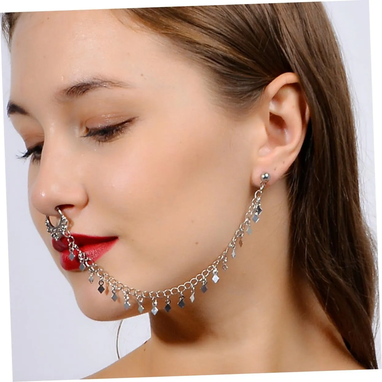 SAFIGLE 2pcs Punk Earrings Tassel Nose Clip Ear to Nose Clip Ear to Nose Chain Nose Ear Ring