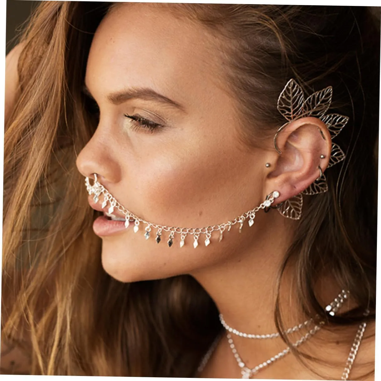 SAFIGLE 2pcs Punk Earrings Tassel Nose Clip Ear to Nose Clip Ear to Nose Chain Nose Ear Ring