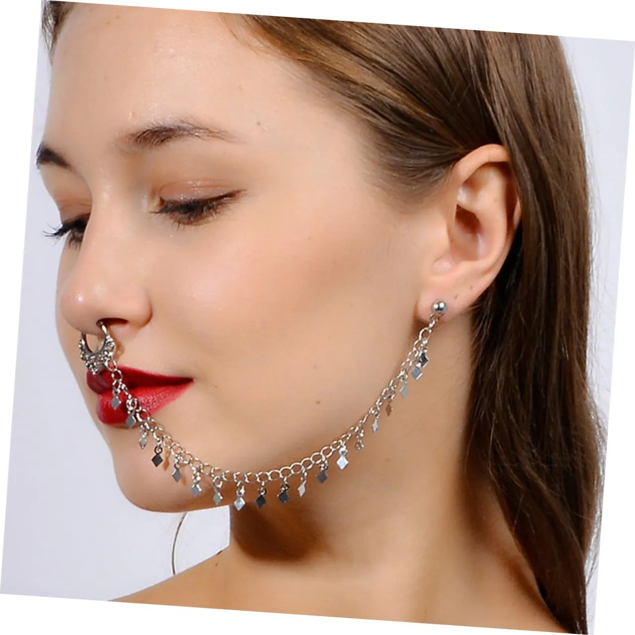 SAFIGLE 2pcs Punk Earrings Tassel Nose Clip Ear to Nose Clip Ear to Nose Chain Nose Ear Ring