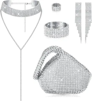 Sanfenly 6 Pieces Women Crystal Jewelry Set Rhinestone Choker Necklace Stretch Bangle Bracelet Ring Dangle Fringe Earrings Triangle Glitter Bling Purse for Bridal Wedding Party