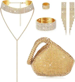 Sanfenly 6 Pieces Women Crystal Jewelry Set Rhinestone Choker Necklace Stretch Bangle Bracelet Ring Dangle Fringe Earrings Triangle Glitter Bling Purse for Bridal Wedding Party