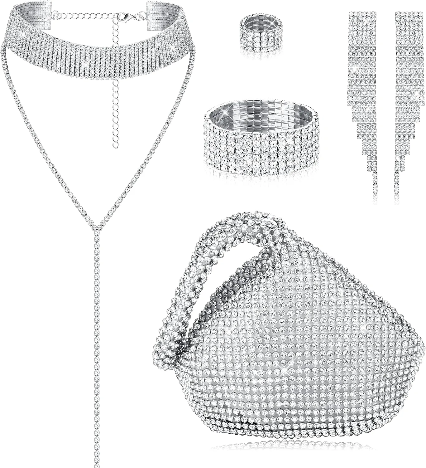 Sanfenly 6 Pieces Women Crystal Jewelry Set Rhinestone Choker Necklace Stretch Bangle Bracelet Ring Dangle Fringe Earrings Triangle Glitter Bling Purse for Bridal Wedding Party