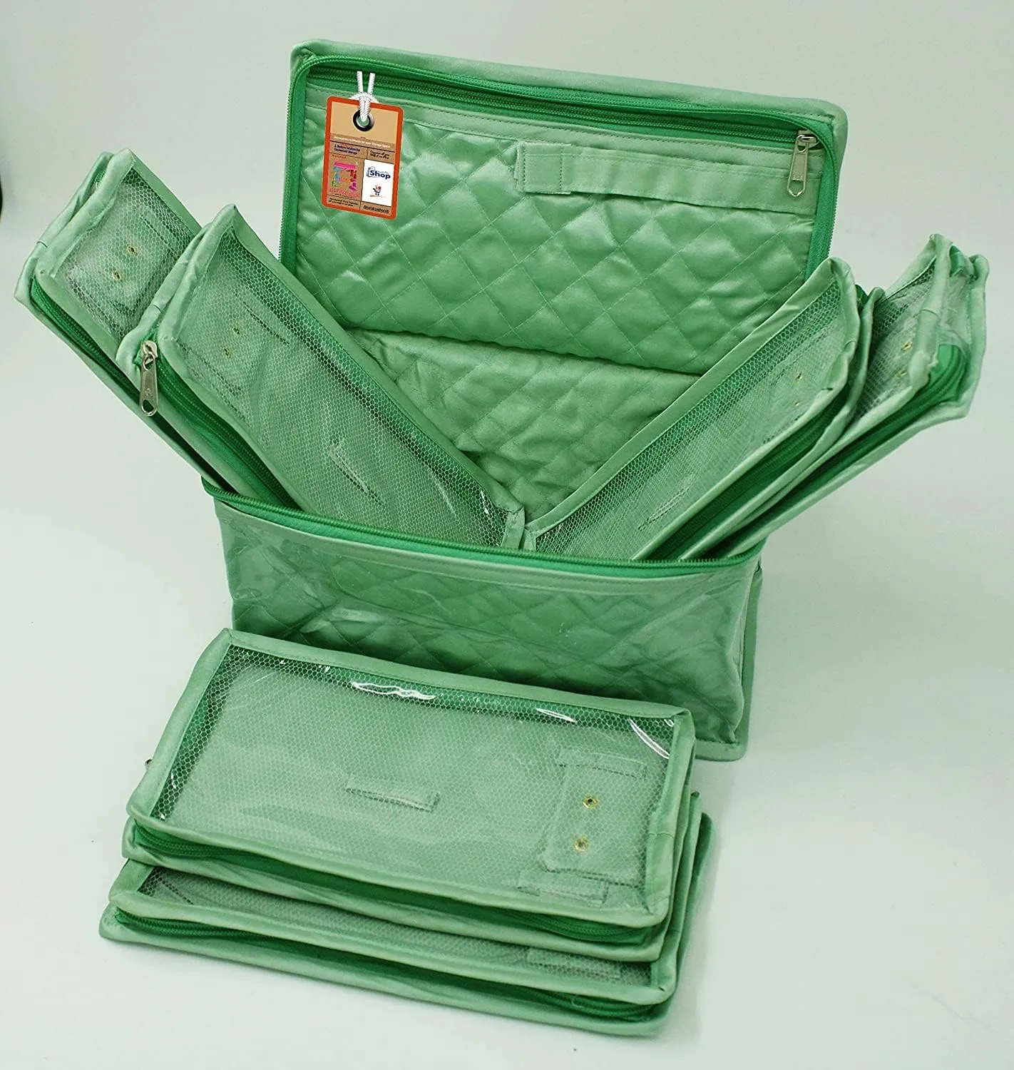 Satin Makeup Kit Travel Jewelry Organizer Locker Box Pouch Clutch Bag for Necklaces Earrings Rings and Bracelets Wedding Gift Mint Green