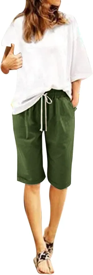 sdbrld Bermuda Shorts for Women,Womens Bermuda Shorts Trendy Knee-Length Bermuda Lounge Shorts with Elastic Waist Drawstring