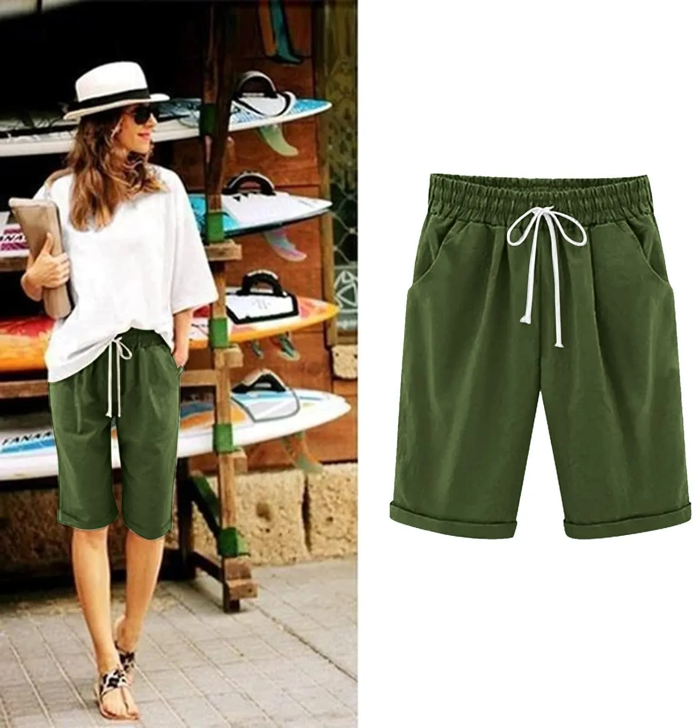 sdbrld Bermuda Shorts for Women,Womens Bermuda Shorts Trendy Knee-Length Bermuda Lounge Shorts with Elastic Waist Drawstring