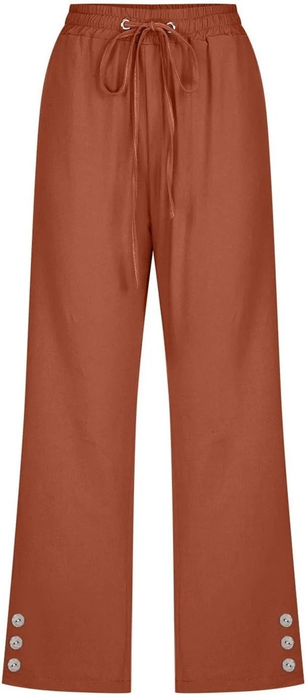 sdbrld Linen Pants for Women,Womens Casual Capris Pants High Waist Drawstring Pants Lightweight Buttons Trousers with Pockets