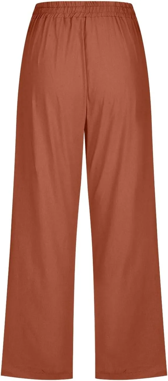 sdbrld Linen Pants for Women,Womens Casual Capris Pants High Waist Drawstring Pants Lightweight Buttons Trousers with Pockets