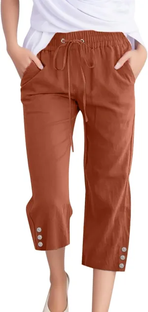 sdbrld Linen Pants for Women,Womens Casual Capris Pants High Waist Drawstring Pants Lightweight Buttons Trousers with Pockets