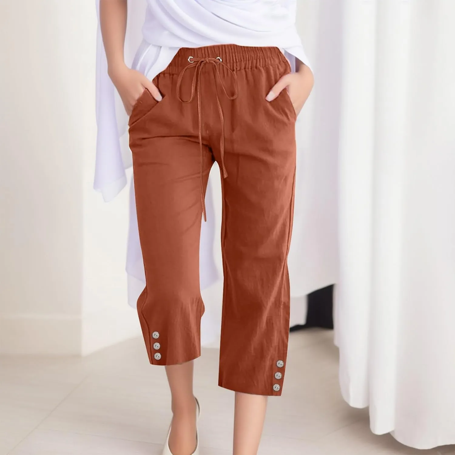 sdbrld Linen Pants for Women,Womens Casual Capris Pants High Waist Drawstring Pants Lightweight Buttons Trousers with Pockets