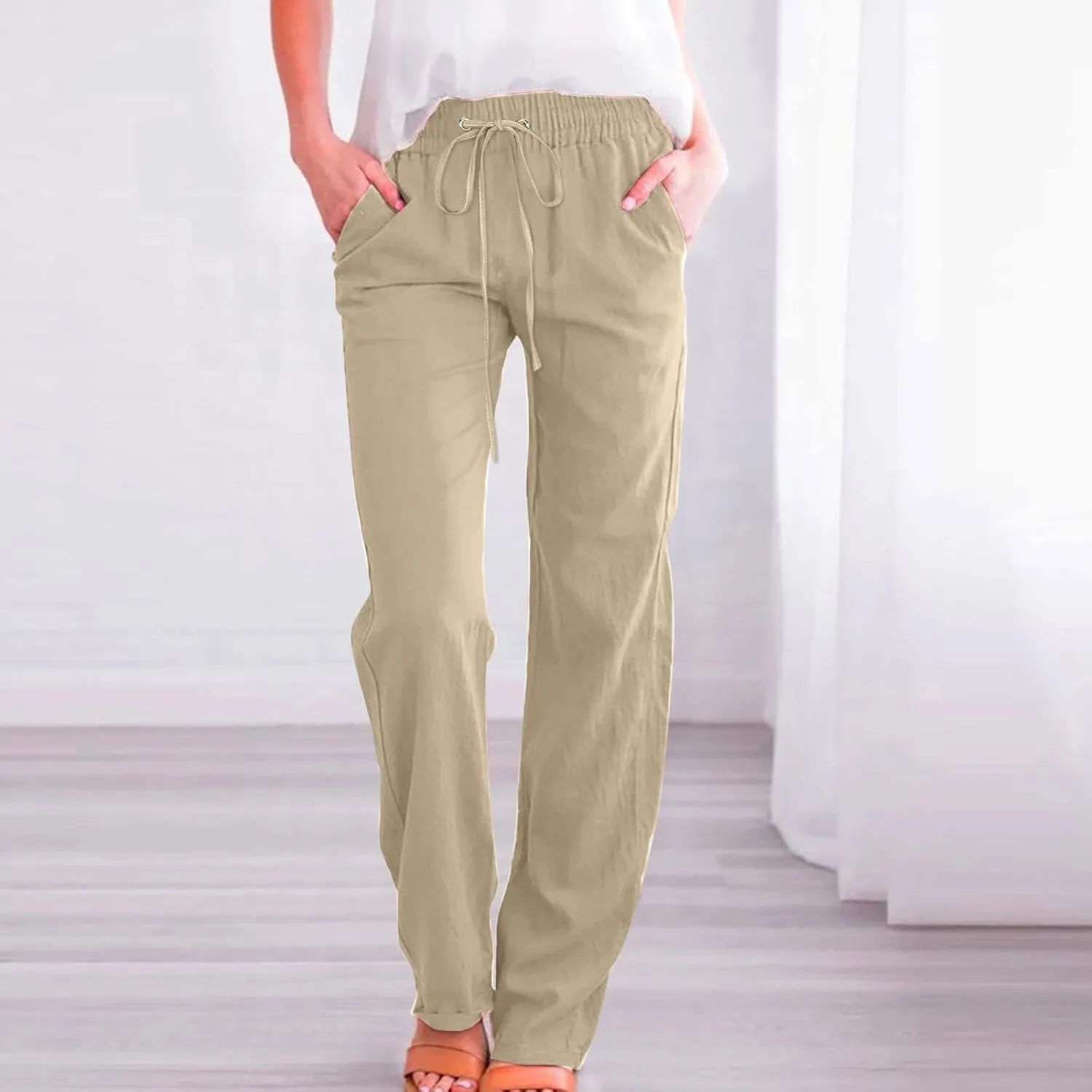 sdbrld Linen Pants Women,Women's 2025 Casual Linen High Waist Pants Drawstring Loose Fit Summer Pants Trousers with Pockets