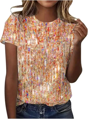 SHAOBGE Cute Summer Tops 2024 Trendy Women's Short Sleeve Sequin Print Fashionable Round Neck Casual T Shirt
