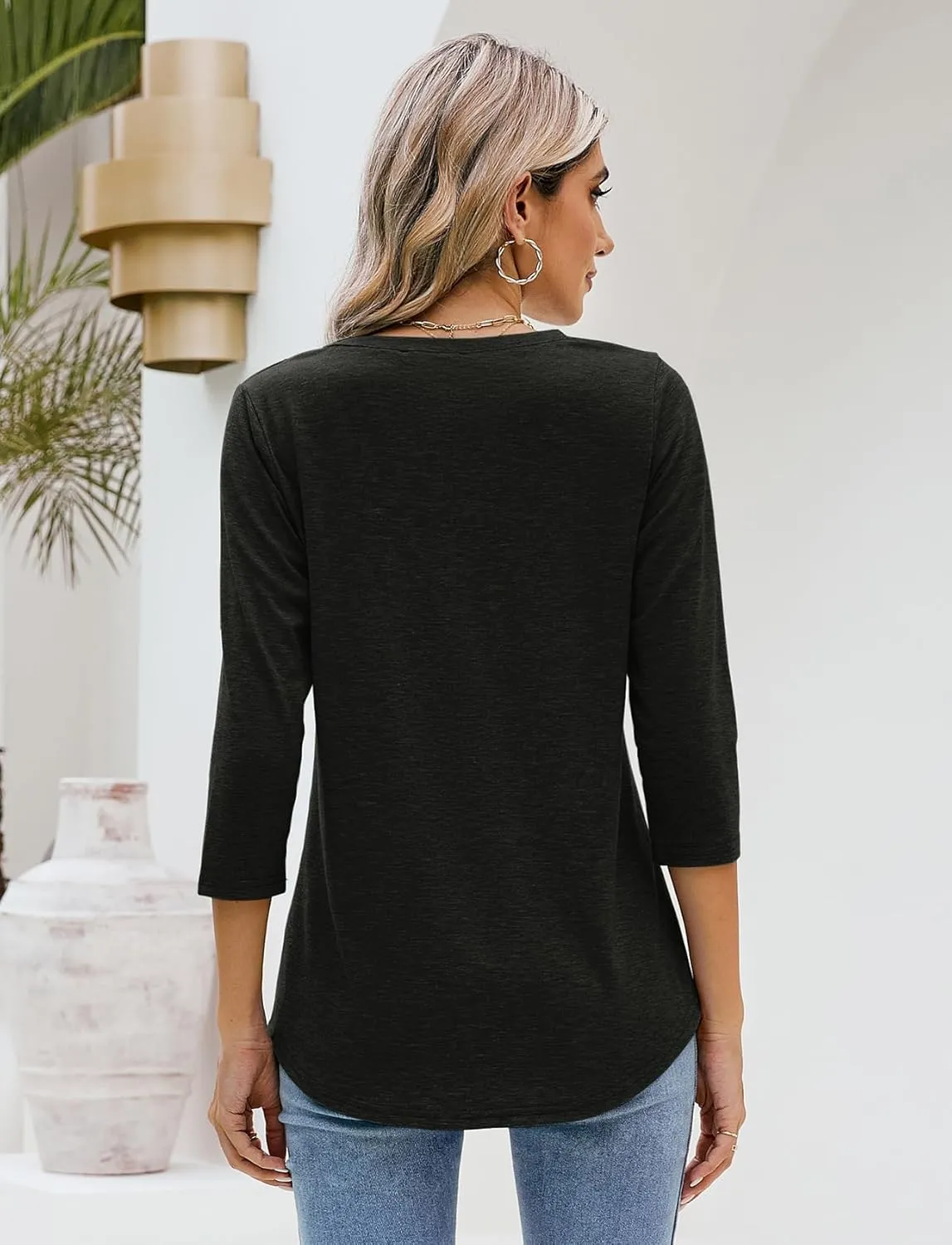 Sherosa Womens V Neck 3/4 Sleeve T Shirts Loose Fit Shirts Casual Solid Basic Tops Tees Blouses