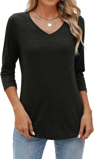 Sherosa Womens V Neck 3/4 Sleeve T Shirts Loose Fit Shirts Casual Solid Basic Tops Tees Blouses