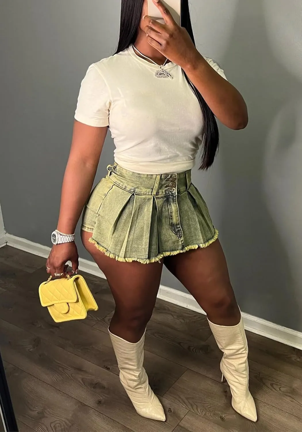 SHINFY Women's Mini Skirt Skorts High Waisted Y2K Pleated Skirts Denim Skort Jeans Shorts