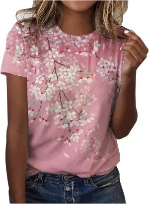 Short Sleeve Cute Tops for Women Dressy Casual Boho Floral Print Shirt Fashion Round Neck Pullover Top Summer Blouse
