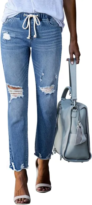 Sidefeel Women's Zimbaplatinum Drawstring Jeans High Waisted Ripped Boyfriend Pull On Denim Joggers Trousers