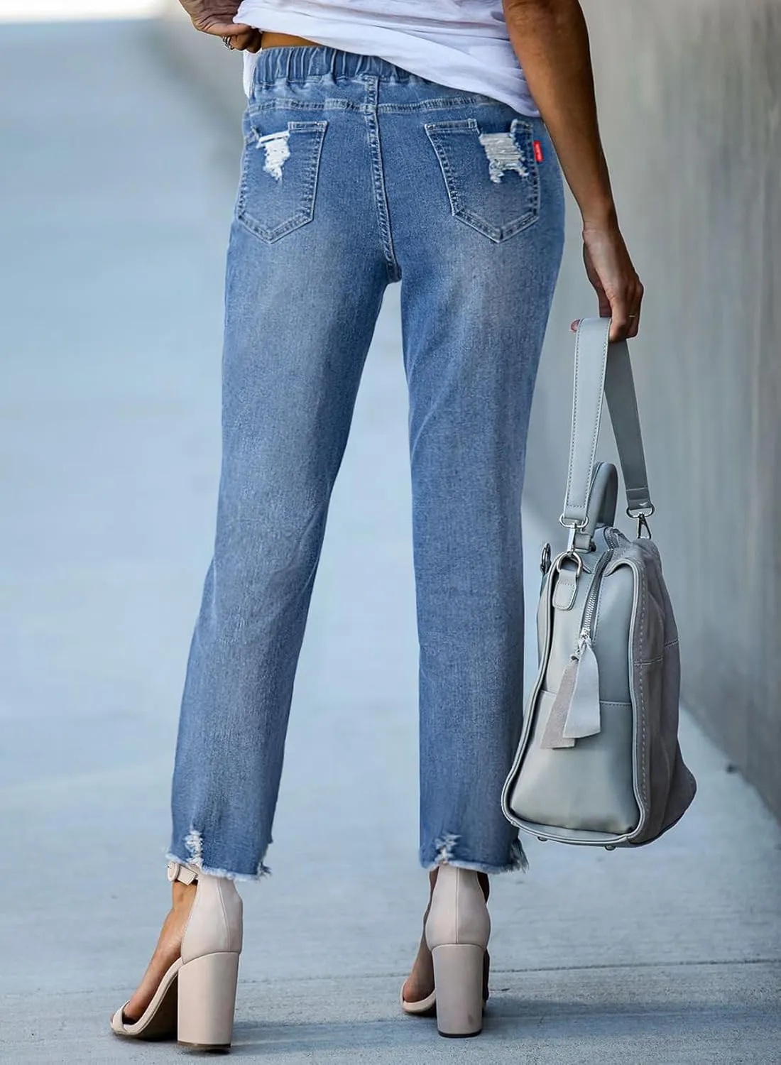 Sidefeel Women's Zimbaplatinum Drawstring Jeans High Waisted Ripped Boyfriend Pull On Denim Joggers Trousers