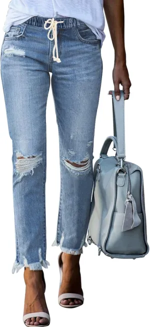 Sidefeel Women's Zimbaplatinum Drawstring Jeans High Waisted Ripped Boyfriend Pull On Denim Joggers Trousers