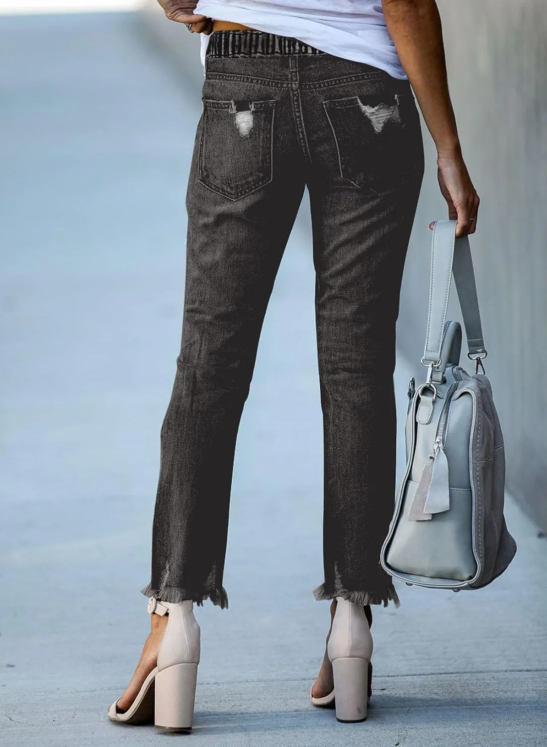 Sidefeel Women's Zimbaplatinum Drawstring Jeans High Waisted Ripped Boyfriend Pull On Denim Joggers Trousers