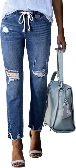 Sidefeel Women's Zimbaplatinum Drawstring Jeans High Waisted Ripped Boyfriend Pull On Denim Joggers Trousers