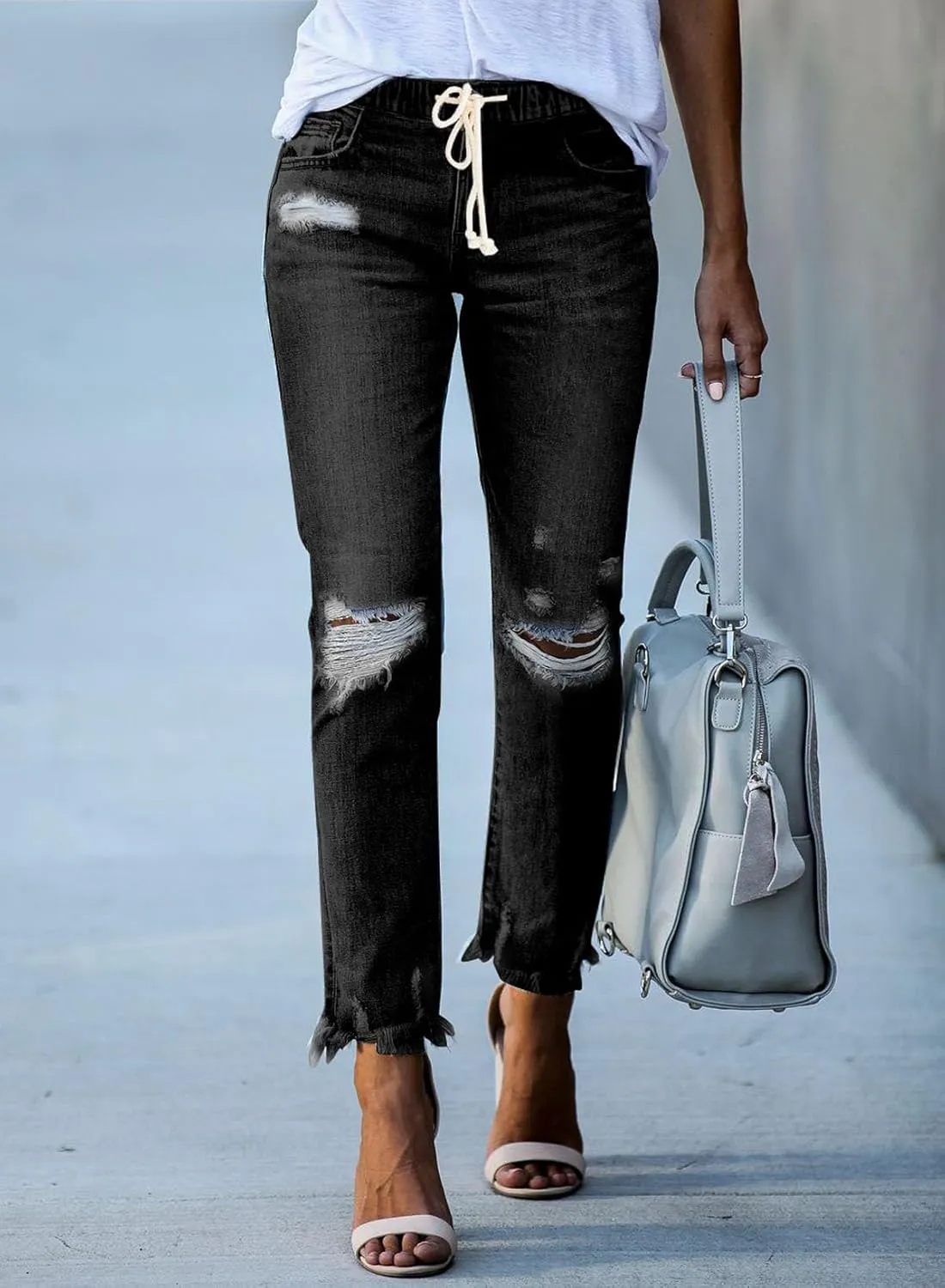 Sidefeel Women's Zimbaplatinum Drawstring Jeans High Waisted Ripped Boyfriend Pull On Denim Joggers Trousers